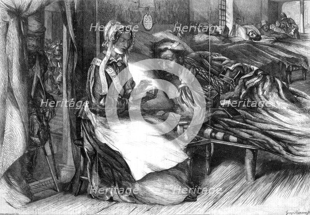Christmas charity, interior of a hospital in the east, 1855.Artist: George Measom