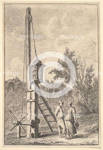 Plate 9: The Pulley: a man and a woman conversing to right, a lantern hung on a pos..., ca. 1763-64. Creator: Hubert Robert.