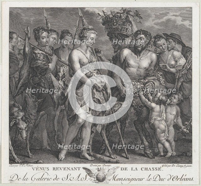 Diana returning from the chase, accompanied by dogs and her nymphs at left, two satyrs..., ca. 1808. Creators: Robert de Launay, Bernard Duvivier.