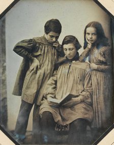 [Three Children, One Seated Holding an Open Book, the Other Two Standing, in Front of ..., ca. 1845. Creator: Unknown.