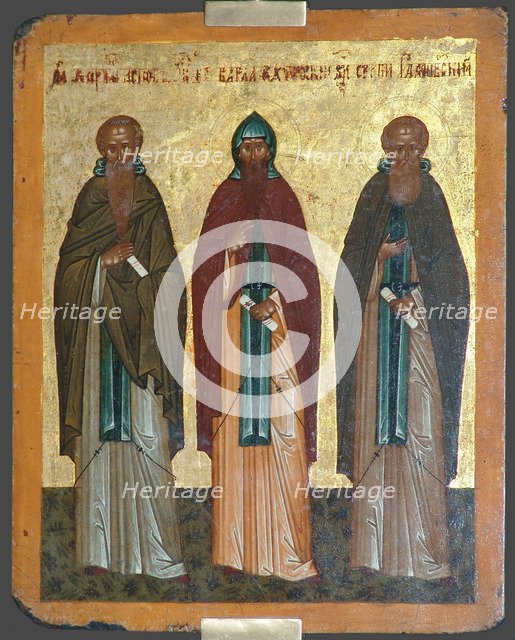 Saints Chariton the Confessor, Barlaam of Khutyn and Sergius of Radonezh, 15th century. Artist: Russian icon  
