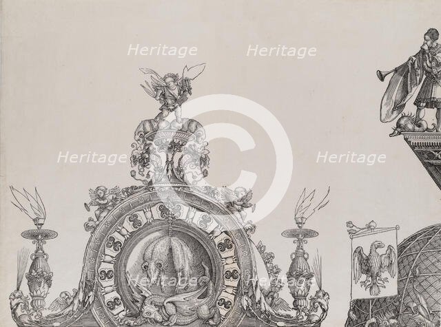 The Pinnacle of the Left Portal; and a Trumpeter and Standard from the Cupola of the Centr..., 1515. Creator: Hans Springinklee.