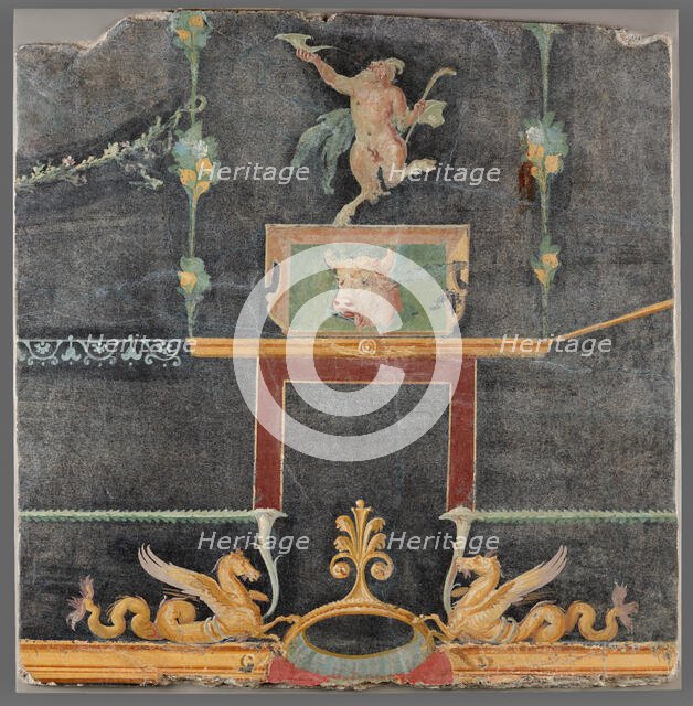 Wall Fragment with Dancing Satyr, Hippocamps, and other Decorative Motifs on Black Ground, AD 50-79. Creator: Unknown.