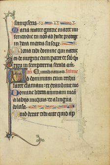 Initial A: A Devil Aiming with a Bow and Arrow at a Kneeling Man in Prayer; Ruskin Hours, about 1300 Creator: Unknown.