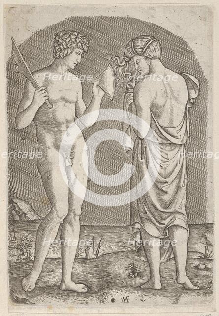 A naked man at left showing an axe to a woman at right, ca. 1510-27. Creator: Marcantonio Raimondi.
