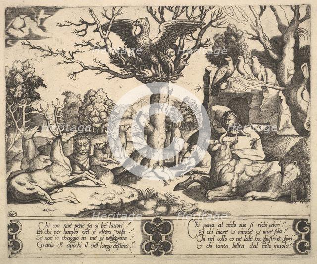 A phoenix sat atop a tree, wings open, an assortment of animals below, 1530-60. Creator: Master of the Die.