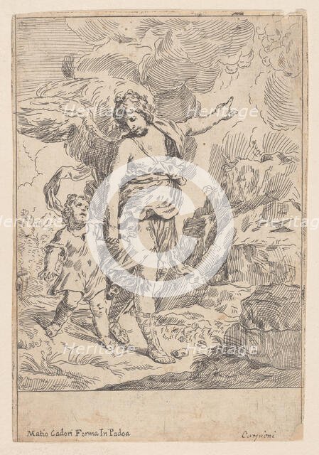 A guardian angel walking hand in hand with a young child, 1640-60. Creator: Giulio Carpioni.