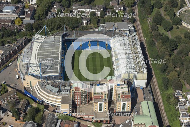 Stamford Bridge Stadium, home to Chelsea Football Club, Chelsea, London, 2021. Creator: Damian Grady.