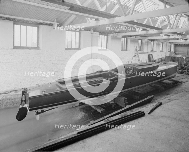 Saunders motor launch in yard, 1914. Creator: Kirk & Sons of Cowes.