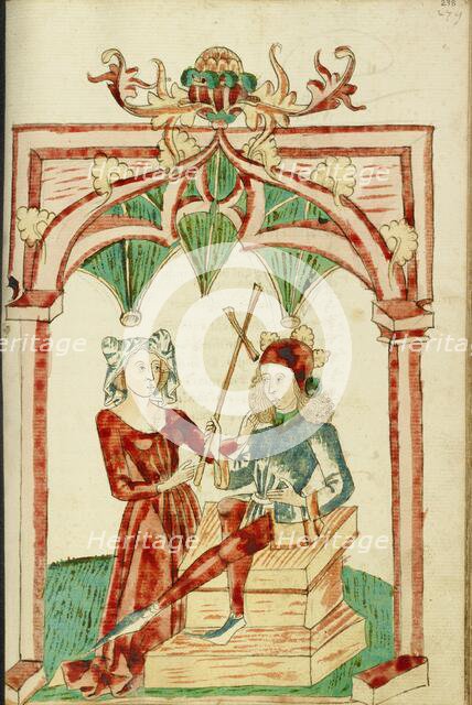 A Woman Touches the Hair of the Enthroned Josaphat; Barlaam und Josaphat, 1469. Creators: Hans Schilling, Diebolt Lauber.