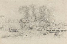 River Landscape with Buildings, Boats, and Figures, c. 1858. Creator: Eugene Louis Boudin.