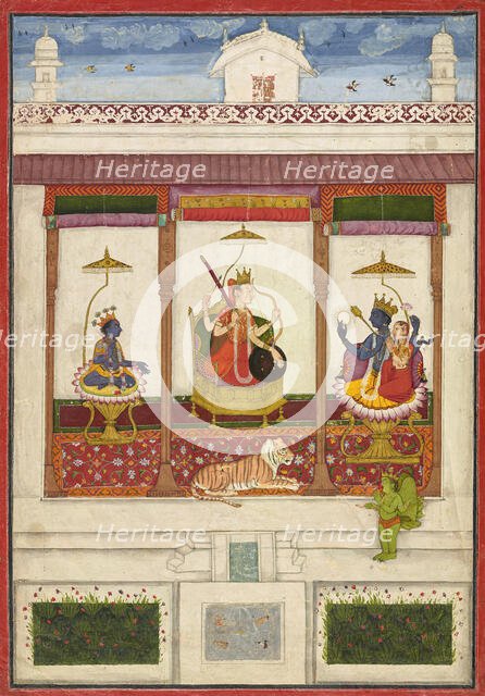 Devi with Krishna and Vishnu in a Palace, ca. 1645-1655. Creator: Unknown.