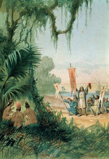 Discovery of America, landing of Columbus at the island of San Salvador on October 12, 1492, taki…