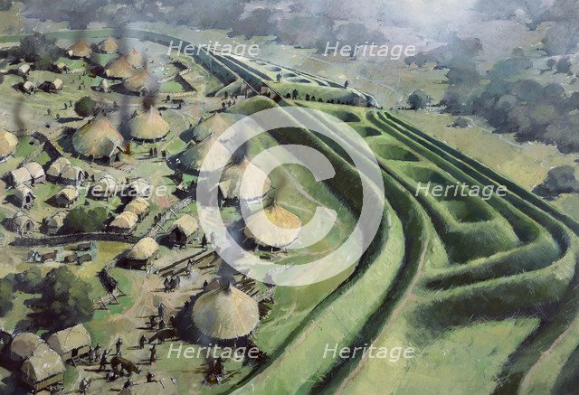 Aerial view of entrance to Old Oswestry Hill Fort during the Iron Age, (c1970-2010) Artist: Ivan Lapper.