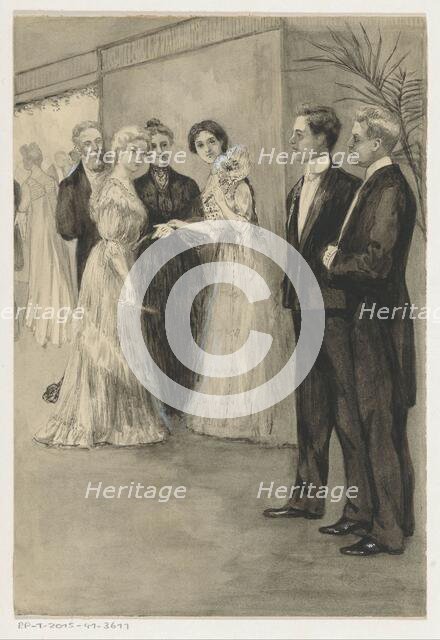 Sisters in evening dress looking at two young men, 1905 or earlier.  Creator: Anna Maria Kruijff.