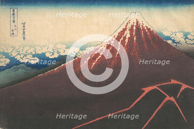 Storm below Mount Fuji (Sanka no haku u), from the series Thirty-six Views of Mount..., ca. 1830-32. Creator: Hokusai.