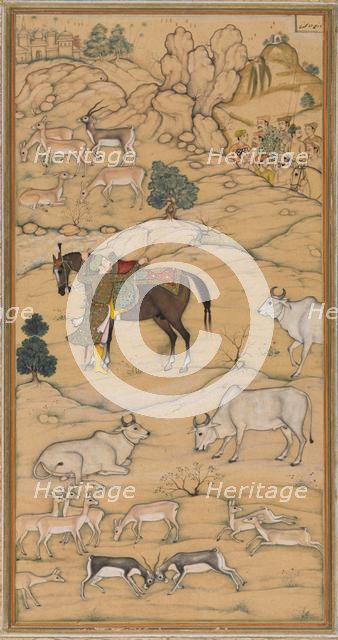 Akbar Mounting his Horse; page from the Chester Beatty Akbar Nama (History of Akbar), 1605-07. Creator: Sur Das Gujarati (Indian, active 16th century), attributed to.