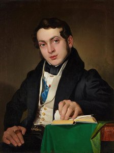 Seated young man in black frock coat, 1835. Creator: Eduard Ritter.