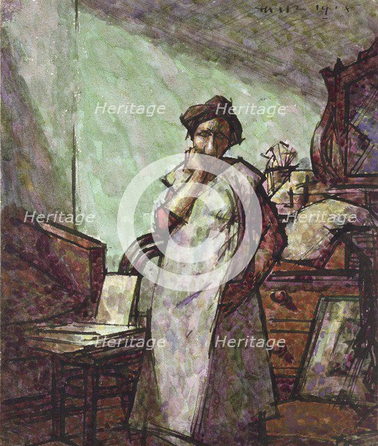 Interior with Mrs Mounter in an Overall, 1 December 1918. Artist: Harold Gilman.