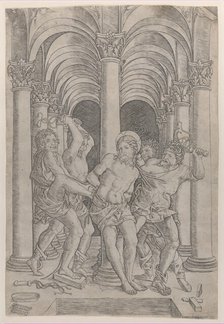 The Flagellation of Christ who is tied to a column at center set within an arcade, 1509., 1509. Creator: Giovanni Antonio da Brescia.