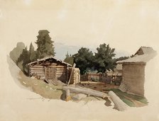 Outbuildings of the farmhouse, 1859. Creator: Werner Holmberg.