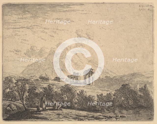 View of hillside with ruins (an aqueduct?) and mountain crag beyond, in the foreground a m..., 1658. Creator: Karel Du Jardin.
