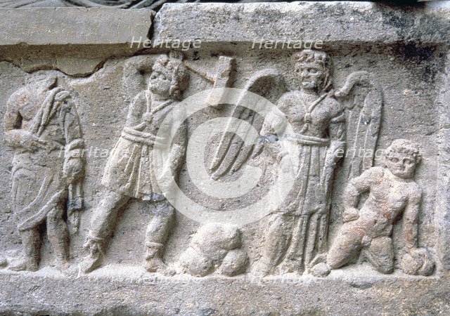 Etruscan stone sarcophagus with reliefs of Eastern influence, with various characters including a…