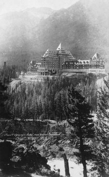 Banff Springs Hotel, from Tunnel Mountain, Banff National Park, Alberta, Canada, c1930s(?).Artist: Marjorie Bullock