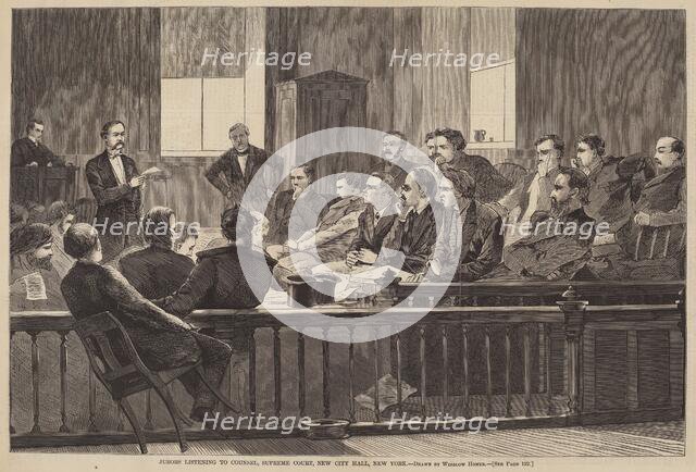 Jurors Listening to Counsel, Supreme Court, New City Hall, New York, published 1869. Creator: Winslow Homer.