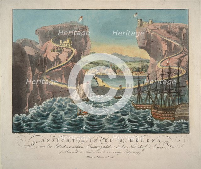 View of the Island of St. Helena from the side of the landing place near the Fort James, 1815. Artist: Anonymous  
