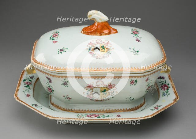 Covered Tureen and Stand with the Arms of French Impaling Sutton, China, c. 1765. Creator: Jingdezhen Porcelain.
