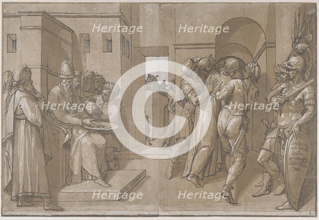 Pilate at the left washing his hands (left side of sheet), 1585. Creator: Andrea Andreani.