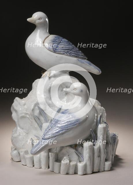 Okimono or Kogo with Pair of Ducks on a Rookery Encircled by Pilings, 19th century. Creator: Unknown.