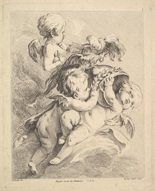 Three Cupids Holding a Helmet. Creator: Louis Felix de la Rue.