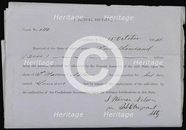 Receipt for $2000 compensation obtained by Warren L. Nelson for slave Laurens, lost in military serv Creator: Unknown.