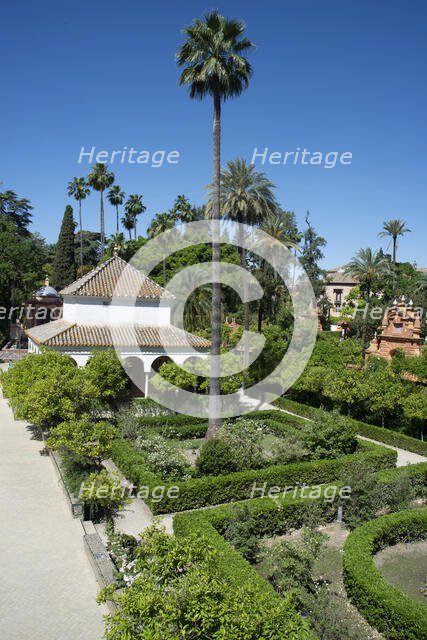 A garden at the Royal Alcazar of Seville, the royal palace prevously a citadel, Spain, 2023. Creator: Ethel Davies.