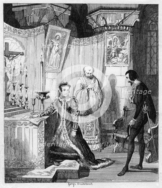 Queen Mary at the instance of Simon Renard affiancing herself to Philip of Spain, 1840. Artist: George Cruikshank