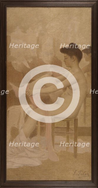 Danseuse dans sa loge enfilant un collant, between 1905 and 1909. Creator: Fernand Pelez.