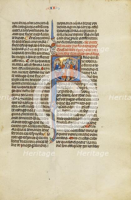 Initial E: A Family's Son Led by Soldiers before a King; Vidal Mayor, about 1290-1310. Creator: Unknown.