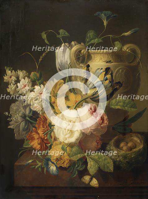 Flowers by a Stone Vase, 1786. Creator: Peter Faes.