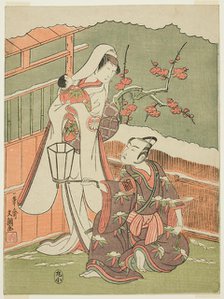 The Actors Arashi Sangoro II as Minamoto no Yoritomo Disguised as the Hat Maker..., c. 1770. Creator: Ippitsusai Buncho.