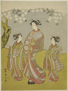 Courtesan and Attendants Parading under Cherry Tree, Japan, c. 1771. Creator: Komai Yoshinobu.