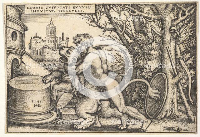 Hercules, in profile, killing the Nemean lion with his arm around its neck, from 'The labo..., 1548. Creator: Sebald Beham.