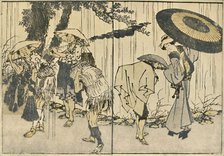 People in the rain, 1819, (1924). Creator: Hokusai.