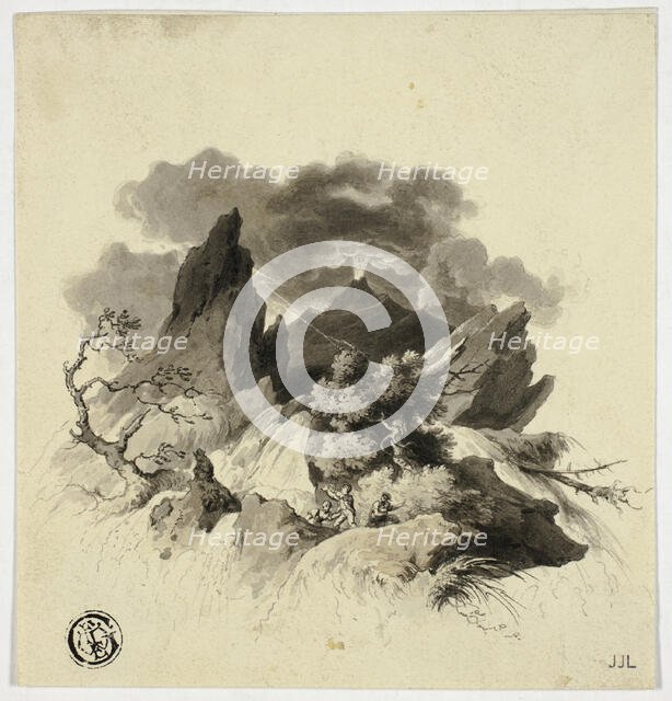 Violent Storm in Mountains with Erupting Volcano in Distance, n.d. Creator: Unknown.