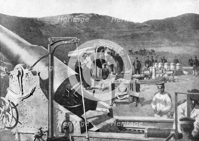 Battery of Japanese siege guns bombarding Port Arthur, Russo-Japanese War, 1904-5. Artist: Unknown