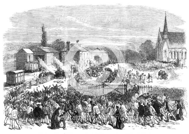 The Riot at Mold, Flintshire: attack on the soldiers at the railway station, 1869. Creator: Unknown.