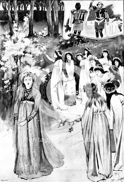 "King Arthur," at the Lyceum: the Queen's Maying in the Whitethorn Wood, 1895. Creator: George Meisenbach.