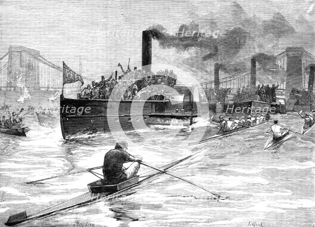 Sculling-race on Monday last for the Championship of the World,...above Hammersmith Bridge, 1881. Creator: Unknown.