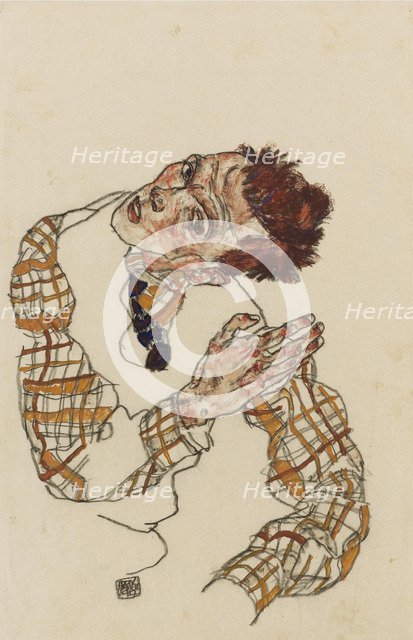 Self-portrait with checkered shirt, 1917. Artist: Schiele, Egon (1890-1918)